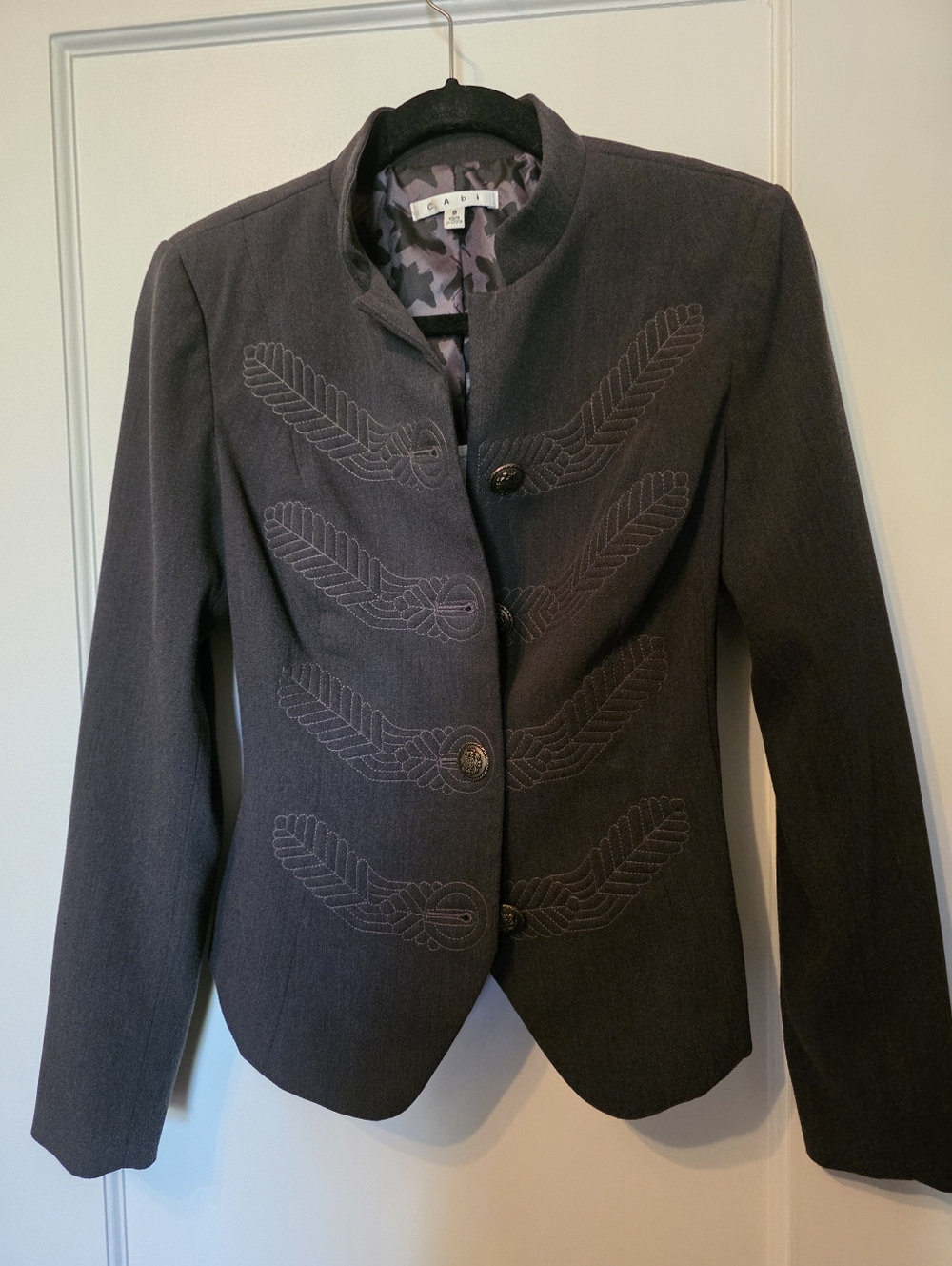 Cabi 221 Corps Jacket Gray Military Embroidered Blazer 8 Like New